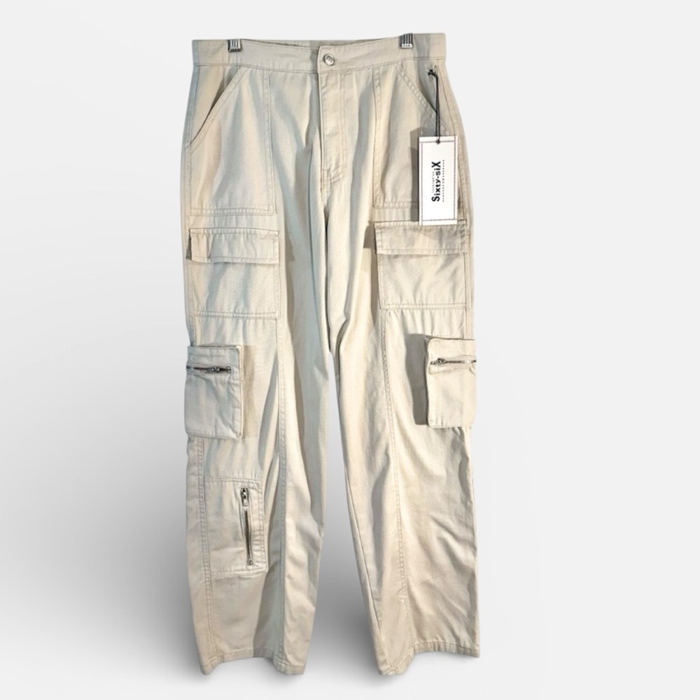 NWT Sixty-Six Los Angeles Beige Multi Pocket Beige Cargo Wide Leg Pants Size 5